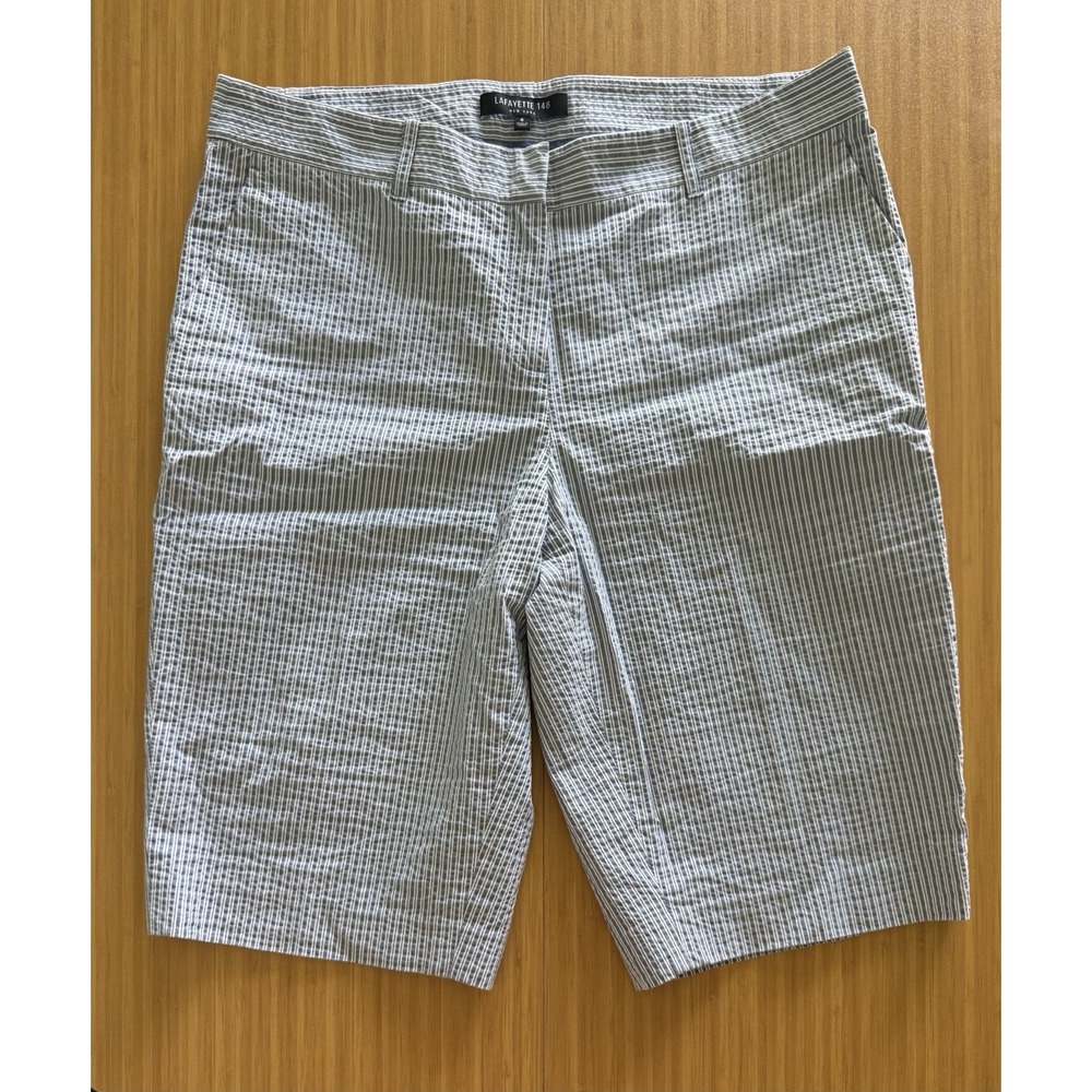 Lafayette 148 New York Cotton Stretch Khaki Bermuda Shorts 6 Blue White Striped